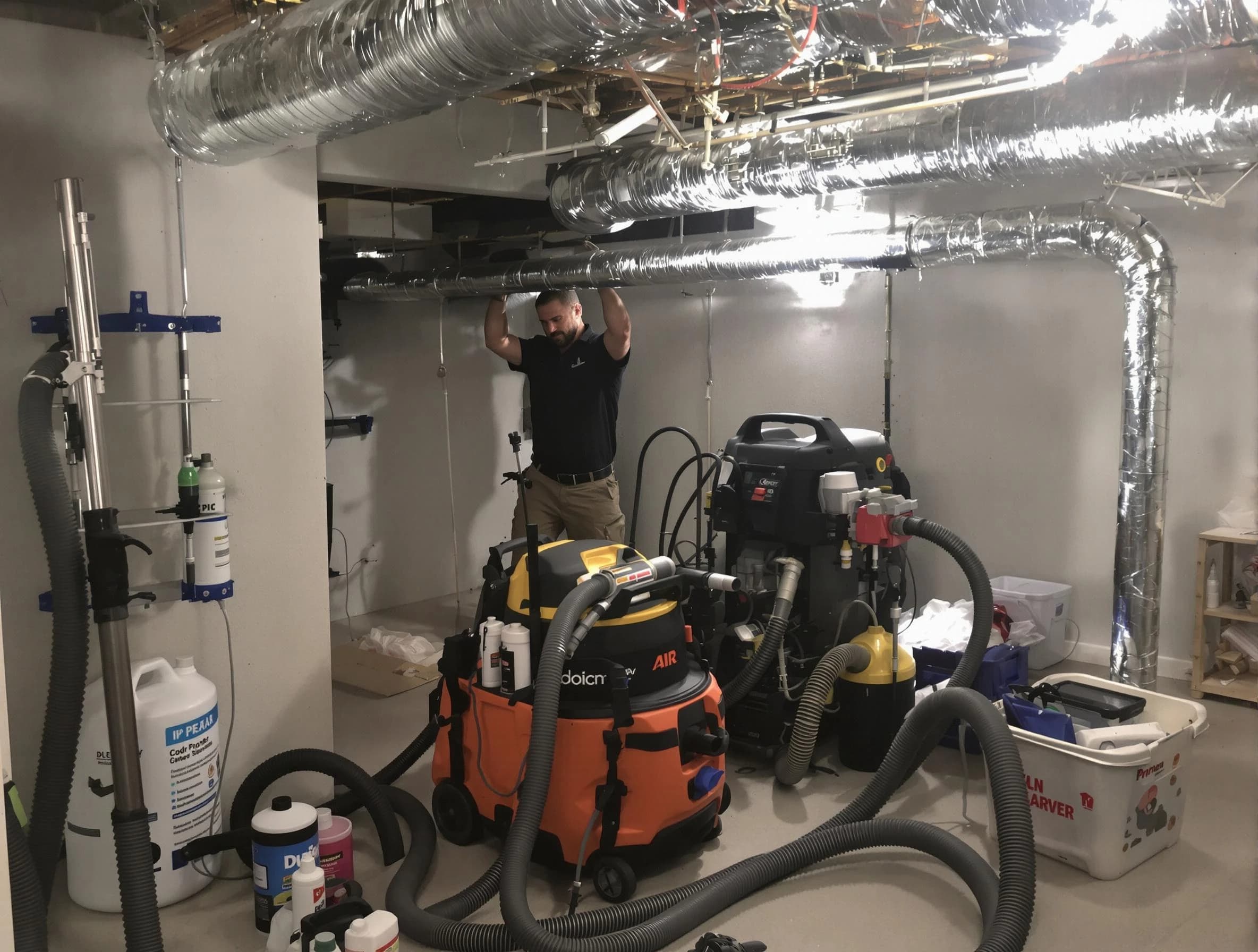 Randolph Air Duct Cleaning specialist performing professional mold removal from air ducts using safety equipment in Randolph