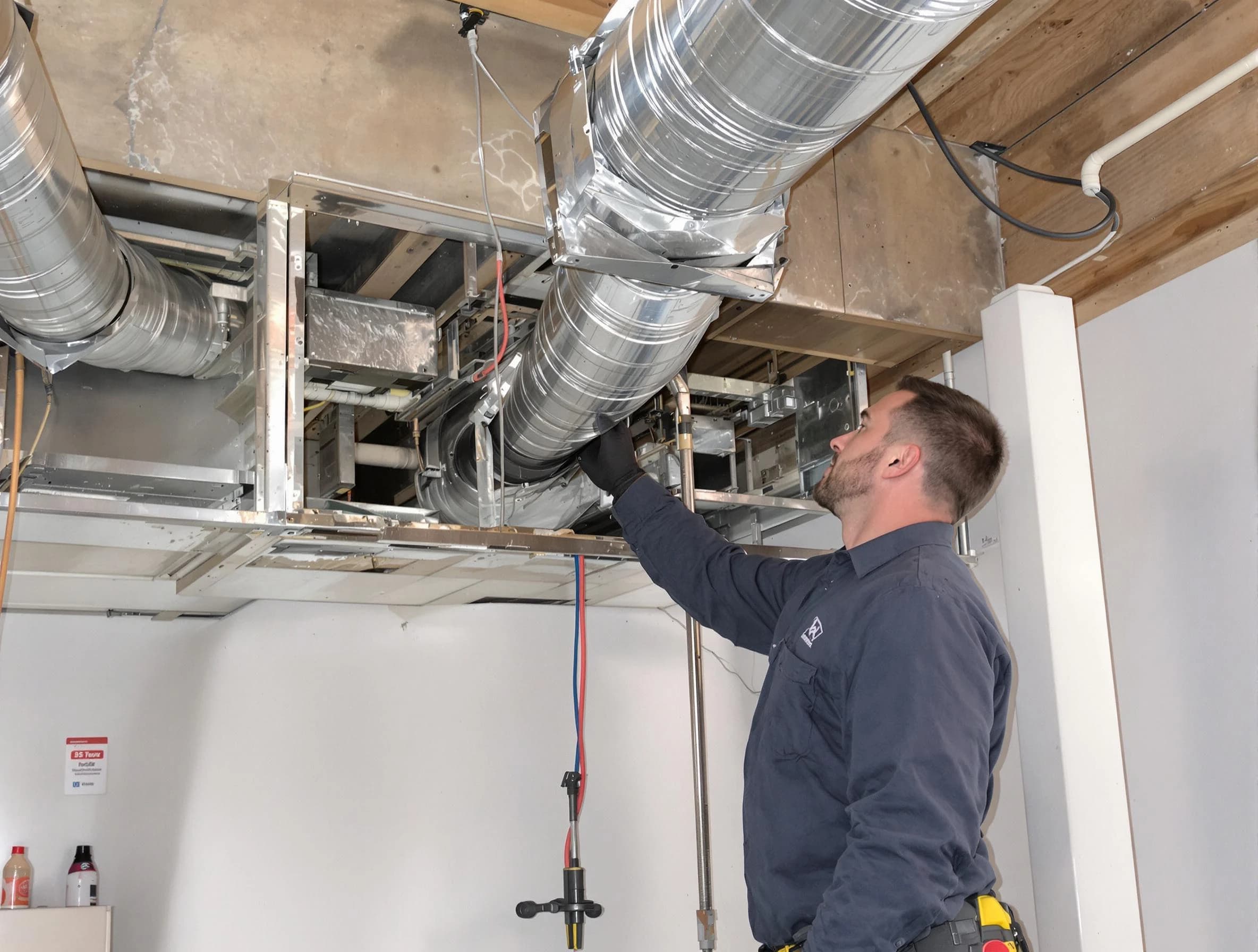 Randolph Air Duct Cleaning technician performing professional air duct repair using specialized tools in Randolph