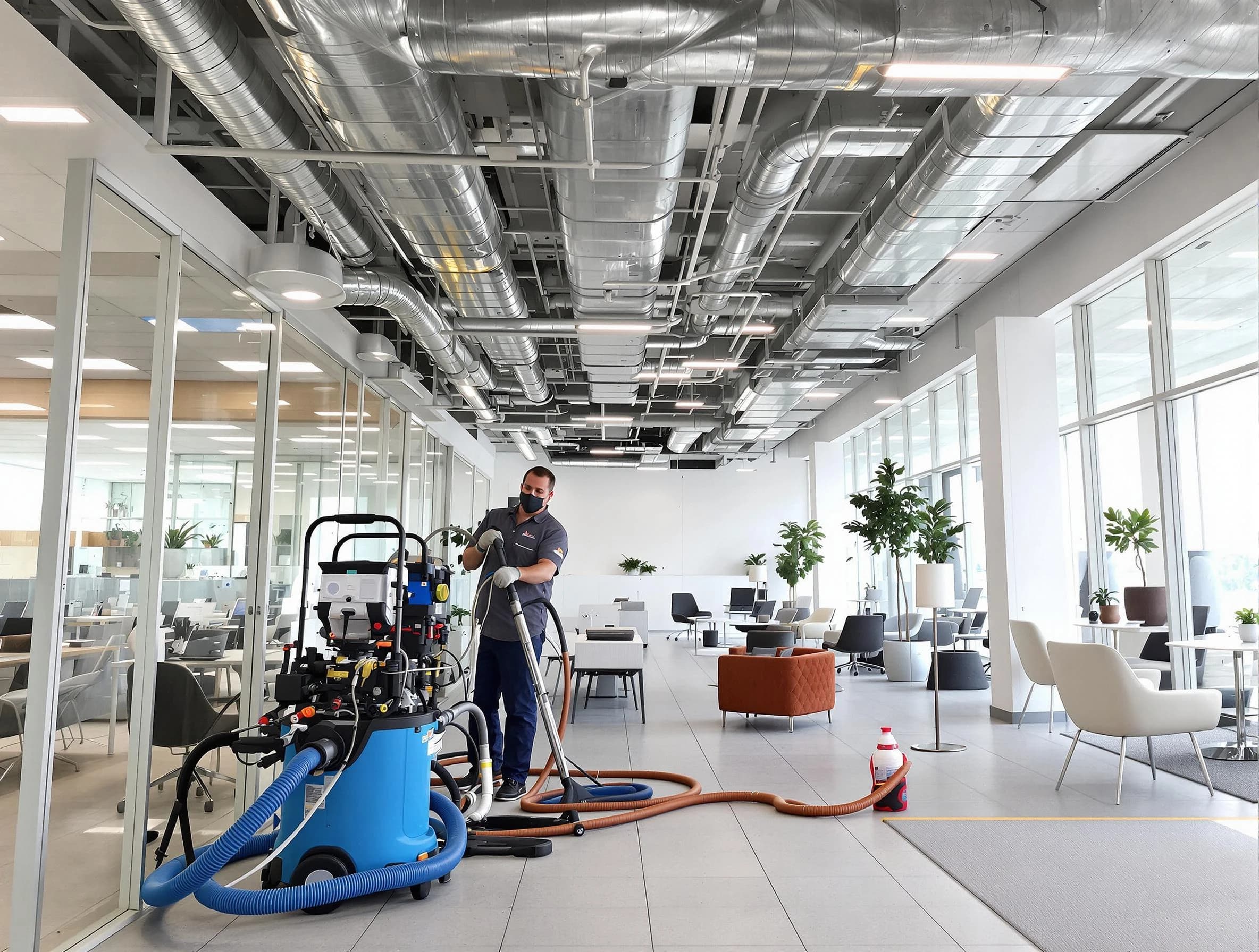 Randolph Air Duct Cleaning team conducting comprehensive commercial duct cleaning at a business location in Randolph